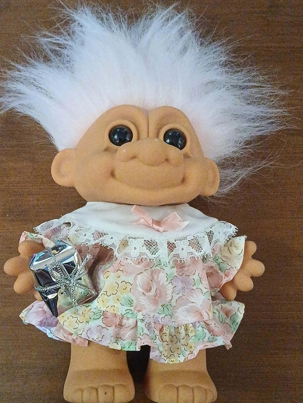 10" Vintage Russ Troll Doll Floral Dress And Present Large Oversize Troll Retro